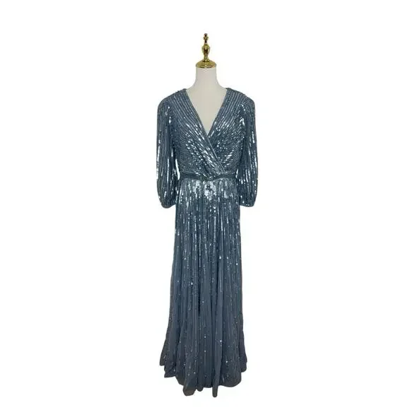Mac Duggal 5509 Slate Blue Sequins 3/4 Sleeve Gown Size 10 $598 - Picture 4 of 8